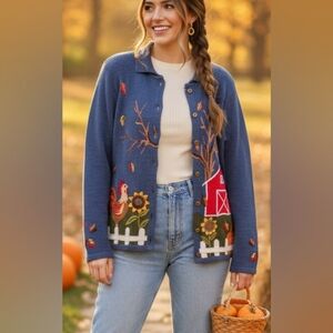 Vintage Knit Cardigan Farm Barn Rooster Sunflower Fall Autumn Grandma Fun Quirky